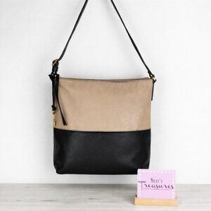 Fossil CHARLOTTE Hobo Colorblock Black Taupe Leather Crossbody Bucket Bag Purse